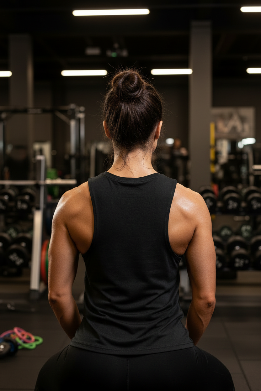 Black Muscle Tank Model Back Shot