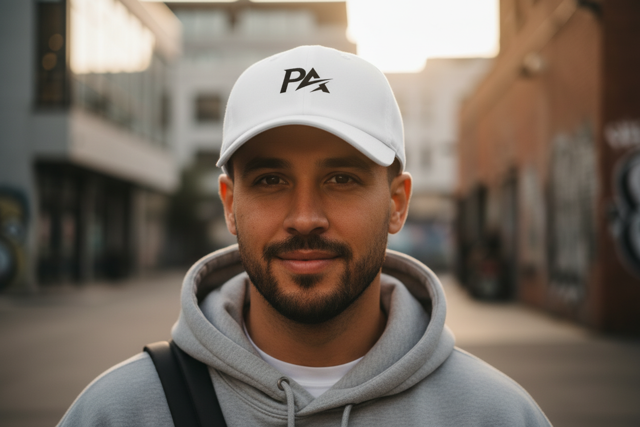 Close-Up Male Model White PA Cap
